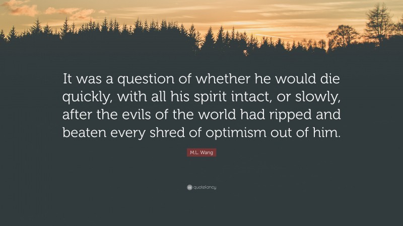 M.L. Wang Quote: “It was a question of whether he would die quickly, with all his spirit intact, or slowly, after the evils of the world had ripped and beaten every shred of optimism out of him.”