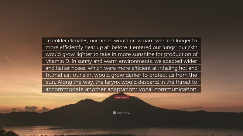 James Nestor Quote: “In colder climates, our noses would grow narrower and longer to more efficiently heat up air before it entered our lungs; our skin would grow lighter to take in more sunshine for production of vitamin D. In sunny and warm environments, we adapted wider and flatter noses, which were more efficient at inhaling hot and humid air; our skin would grow darker to protect us from the sun. Along the way, the larynx would descend in the throat to accommodate another adaptation: vocal communication.”