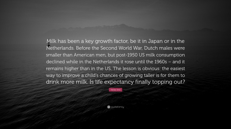 Vaclav Smil Quote: “Milk has been a key growth factor, be it in Japan or in the Netherlands. Before the Second World War, Dutch males were smaller than American men, but post-1950 US milk consumption declined while in the Netherlands it rose until the 1960s – and it remains higher than in the US. The lesson is obvious: the easiest way to improve a child’s chances of growing taller is for them to drink more milk. Is life expectancy finally topping out?”