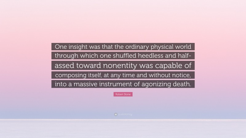 Robert Stone Quote: “One insight was that the ordinary physical world through which one shuffled heedless and half-assed toward nonentity was capable of composing itself, at any time and without notice, into a massive instrument of agonizing death.”