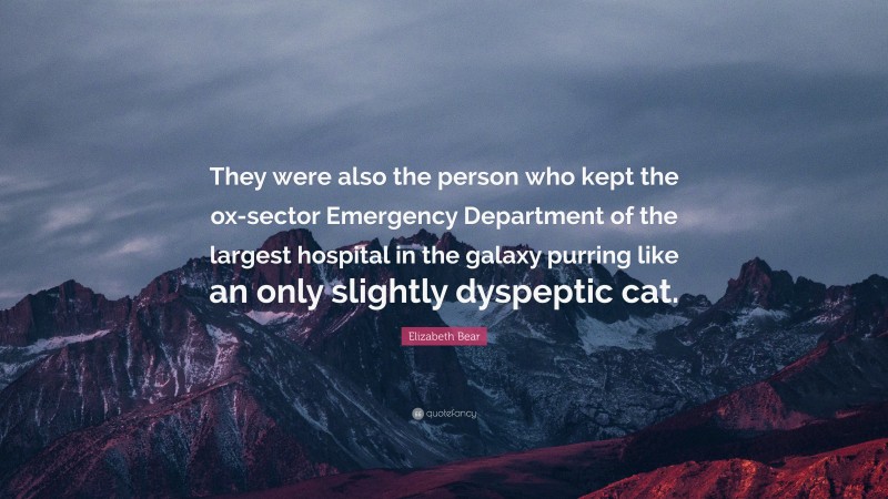 Elizabeth Bear Quote: “They were also the person who kept the ox-sector Emergency Department of the largest hospital in the galaxy purring like an only slightly dyspeptic cat.”