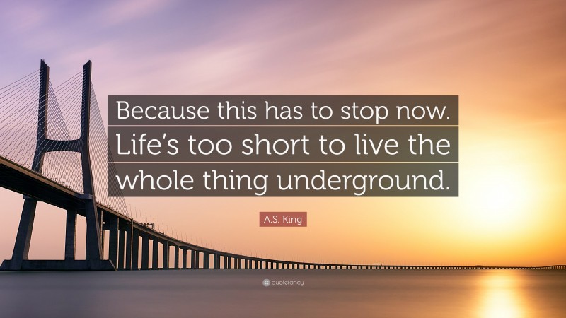 A.S. King Quote: “Because this has to stop now. Life’s too short to live the whole thing underground.”