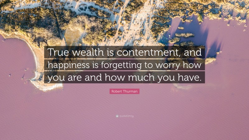 Robert Thurman Quote: “True wealth is contentment, and happiness is forgetting to worry how you are and how much you have.”