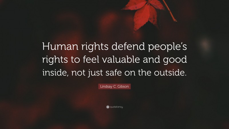 Lindsay C. Gibson Quote: “Human rights defend people’s rights to feel valuable and good inside, not just safe on the outside.”
