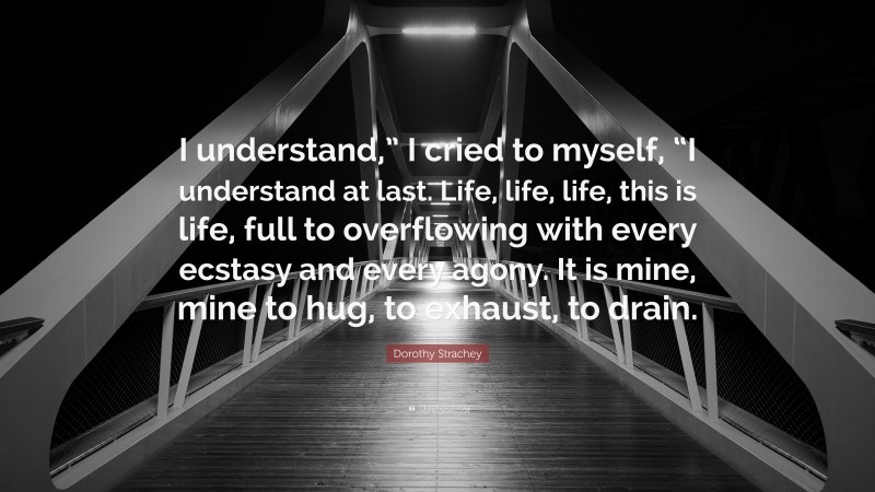Dorothy Strachey Quote: “I understand,” I cried to myself, “I understand at last. Life, life, life, this is life, full to overflowing with every ecstasy and every agony. It is mine, mine to hug, to exhaust, to drain.”