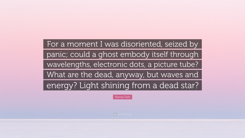 Donna Tartt Quote: “For a moment I was disoriented, seized by panic; could a ghost embody itself through wavelengths, electronic dots, a picture tube? What are the dead, anyway, but waves and energy? Light shining from a dead star?”