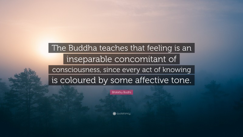 Bhikkhu Bodhi Quote: “The Buddha teaches that feeling is an inseparable concomitant of consciousness, since every act of knowing is coloured by some affective tone.”