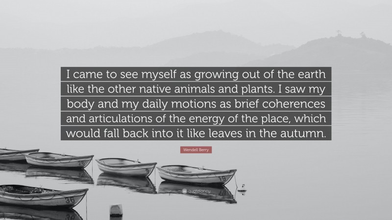 Wendell Berry Quote: “I came to see myself as growing out of the earth like the other native animals and plants. I saw my body and my daily motions as brief coherences and articulations of the energy of the place, which would fall back into it like leaves in the autumn.”