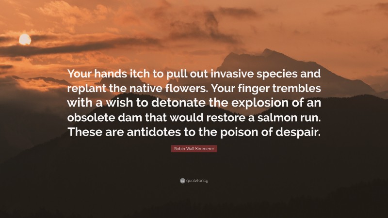 Robin Wall Kimmerer Quote: “Your hands itch to pull out invasive species and replant the native flowers. Your finger trembles with a wish to detonate the explosion of an obsolete dam that would restore a salmon run. These are antidotes to the poison of despair.”