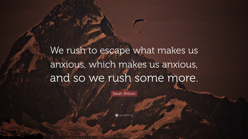 Sarah Wilson Quote: “We rush to escape what makes us anxious, which makes us anxious, and so we rush some more.”