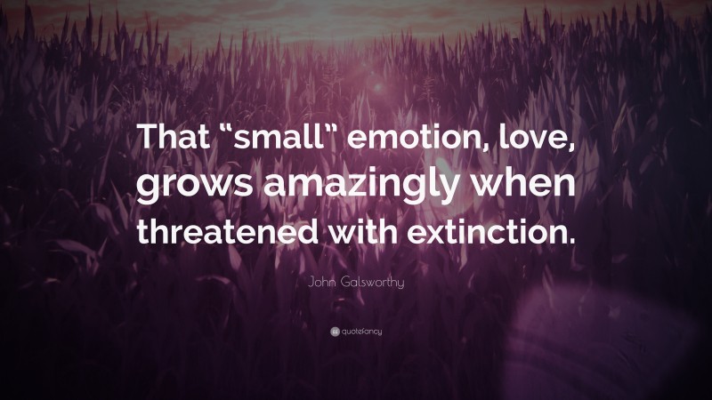 John Galsworthy Quote: “That “small” emotion, love, grows amazingly when threatened with extinction.”