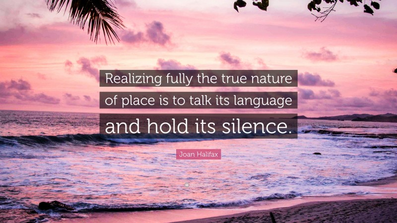 Joan Halifax Quote: “Realizing fully the true nature of place is to talk its language and hold its silence.”