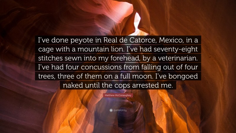 Matthew McConaughey Quote: “I’ve done peyote in Real de Catorce, Mexico, in a cage with a mountain lion. I’ve had seventy-eight stitches sewn into my forehead, by a veterinarian. I’ve had four concussions from falling out of four trees, three of them on a full moon. I’ve bongoed naked until the cops arrested me.”