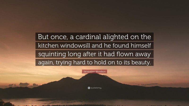 Jacqueline Woodson Quote: “But once, a cardinal alighted on the kitchen windowsill and he found himself squinting long after it had flown away again, trying hard to hold on to its beauty.”