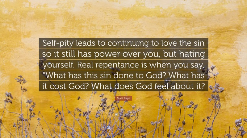 Matt Papa Quote: “Self-pity leads to continuing to love the sin so it still has power over you, but hating yourself. Real repentance is when you say, “What has this sin done to God? What has it cost God? What does God feel about it?”