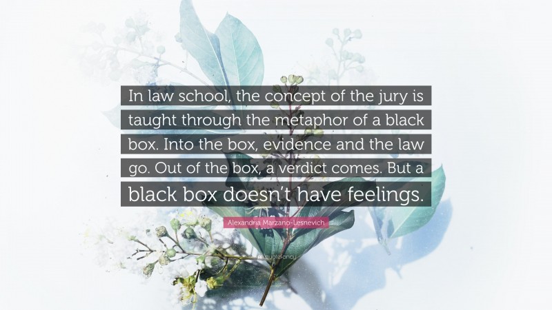 Alexandria Marzano-Lesnevich Quote: “In law school, the concept of the jury is taught through the metaphor of a black box. Into the box, evidence and the law go. Out of the box, a verdict comes. But a black box doesn’t have feelings.”
