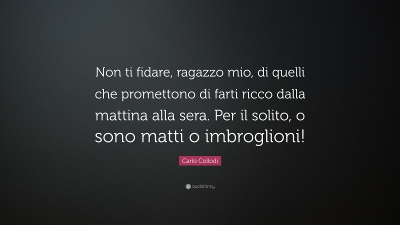 Carlo Collodi Quote: “Non ti fidare, ragazzo mio, di quelli che promettono di farti ricco dalla mattina alla sera. Per il solito, o sono matti o imbroglioni!”
