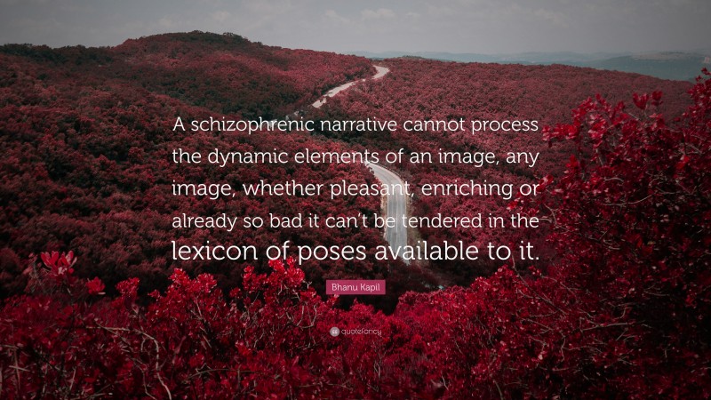 Bhanu Kapil Quote: “A schizophrenic narrative cannot process the dynamic elements of an image, any image, whether pleasant, enriching or already so bad it can’t be tendered in the lexicon of poses available to it.”