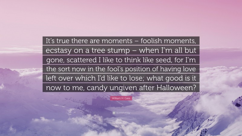 William H. Gass Quote: “It’s true there are moments – foolish moments, ecstasy on a tree stump – when I’m all but gone, scattered I like to think like seed, for I’m the sort now in the fool’s position of having love left over which I’d like to lose; what good is it now to me, candy ungiven after Halloween?”