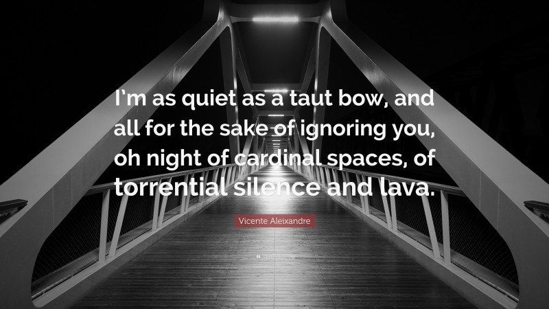 Vicente Aleixandre Quote: “I’m as quiet as a taut bow, and all for the sake of ignoring you, oh night of cardinal spaces, of torrential silence and lava.”