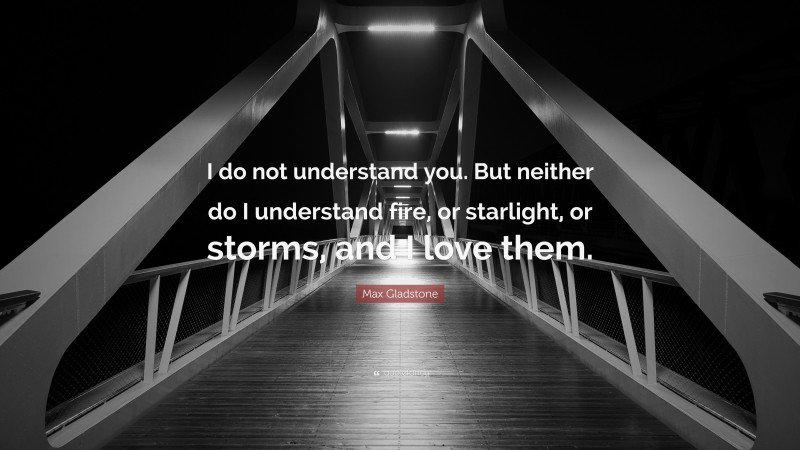 Max Gladstone Quote: “I do not understand you. But neither do I understand fire, or starlight, or storms, and I love them.”