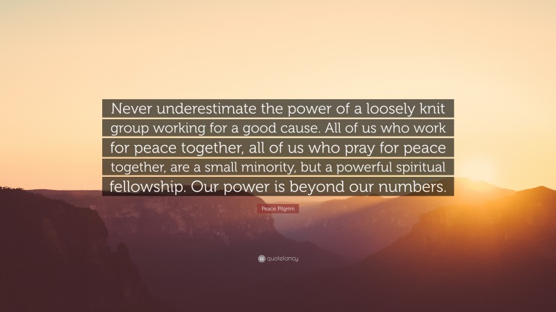 Peace Pilgrim Quote: “Never underestimate the power of a loosely knit group working for a good cause. All of us who work for peace together, all of us who pray for peace together, are a small minority, but a powerful spiritual fellowship. Our power is beyond our numbers.”