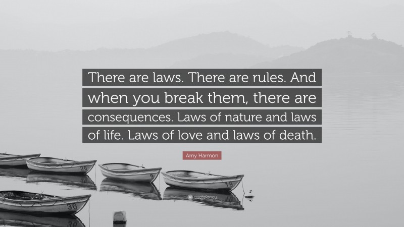 Amy Harmon Quote: “There are laws. There are rules. And when you break them, there are consequences. Laws of nature and laws of life. Laws of love and laws of death.”