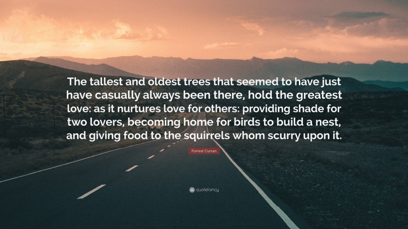 Forrest Curran Quote: “The tallest and oldest trees that seemed to have just have casually always been there, hold the greatest love: as it nurtures love for others: providing shade for two lovers, becoming home for birds to build a nest, and giving food to the squirrels whom scurry upon it.”