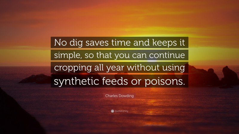 Charles Dowding Quote: “No dig saves time and keeps it simple, so that you can continue cropping all year without using synthetic feeds or poisons.”