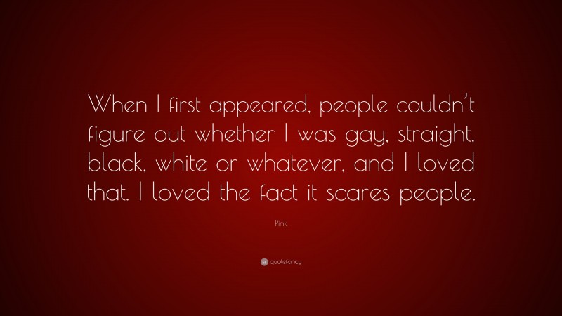 Pink Quote: “When I first appeared, people couldn’t figure out whether I was gay, straight, black, white or whatever, and I loved that. I loved the fact it scares people.”