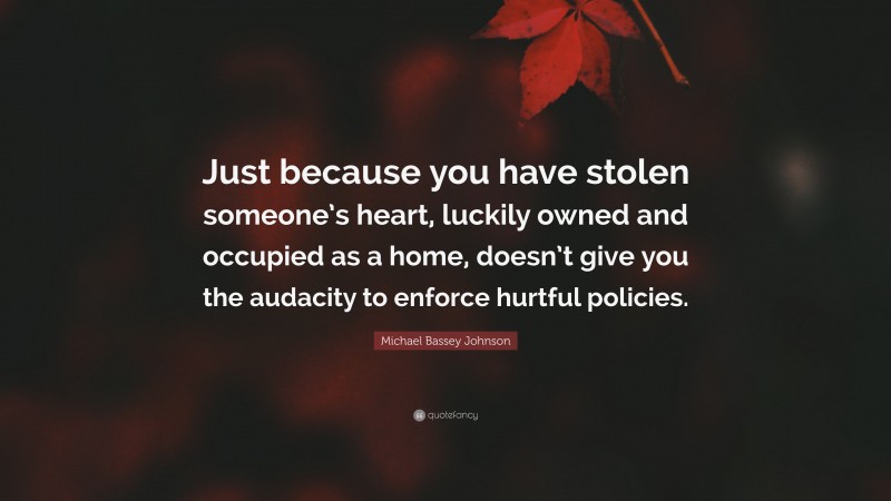 Michael Bassey Johnson Quote: “Just because you have stolen someone’s heart, luckily owned and occupied as a home, doesn’t give you the audacity to enforce hurtful policies.”