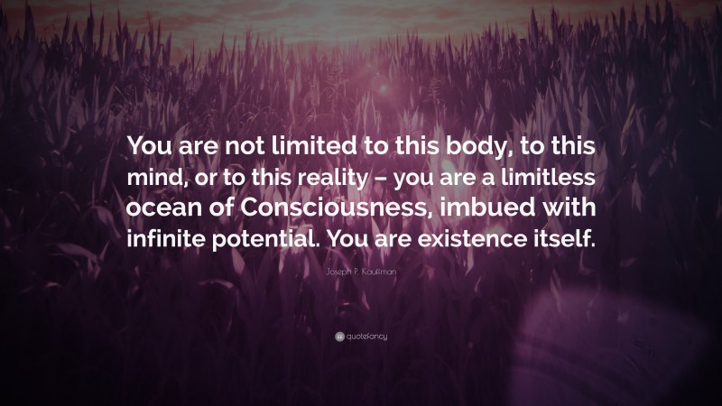 Joseph P. Kauffman Quote: “You are not limited to this body, to this mind, or to this reality – you are a limitless ocean of Consciousness, imbued with infinite potential. You are existence itself.”