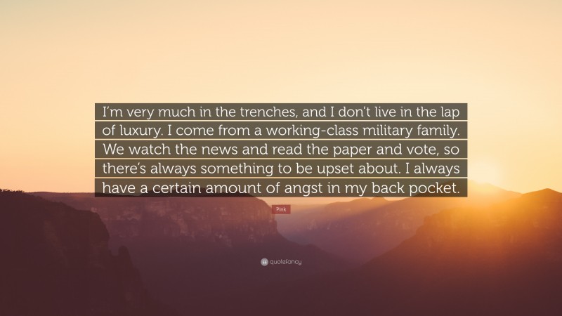 Pink Quote: “I’m very much in the trenches, and I don’t live in the lap of luxury. I come from a working-class military family. We watch the news and read the paper and vote, so there’s always something to be upset about. I always have a certain amount of angst in my back pocket.”