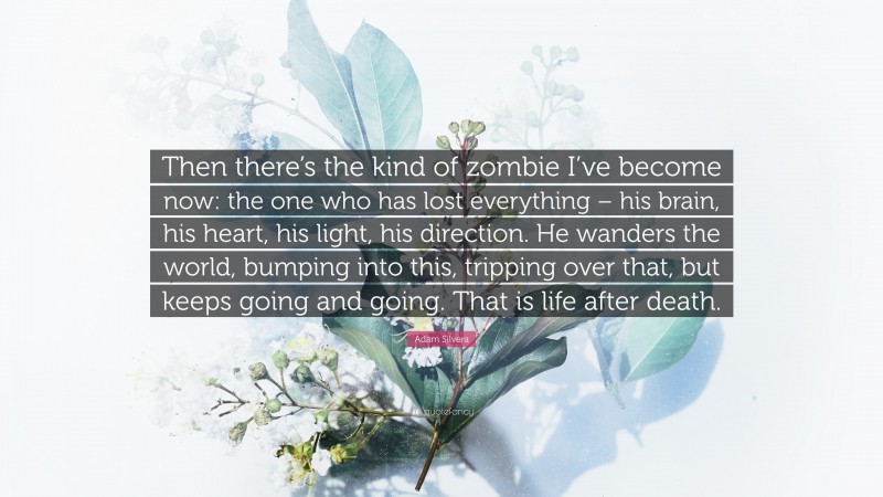 Adam Silvera Quote: “Then there’s the kind of zombie I’ve become now: the one who has lost everything – his brain, his heart, his light, his direction. He wanders the world, bumping into this, tripping over that, but keeps going and going. That is life after death.”