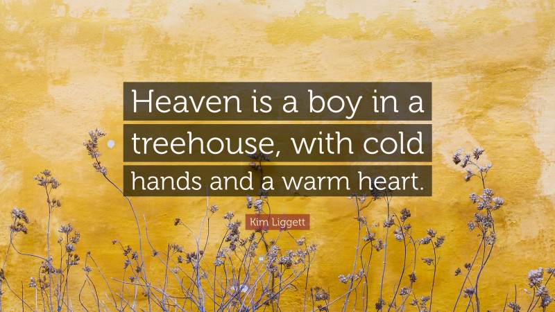 Kim Liggett Quote: “Heaven is a boy in a treehouse, with cold hands and a warm heart.”