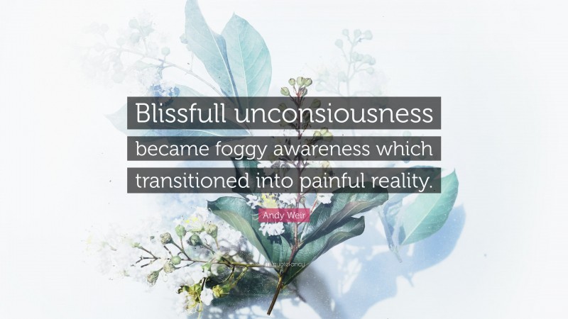 Andy Weir Quote: “Blissfull unconsiousness became foggy awareness which transitioned into painful reality.”