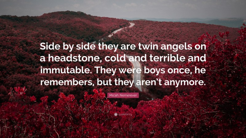 Micah Nemerever Quote: “Side by side they are twin angels on a headstone, cold and terrible and immutable. They were boys once, he remembers, but they aren’t anymore.”