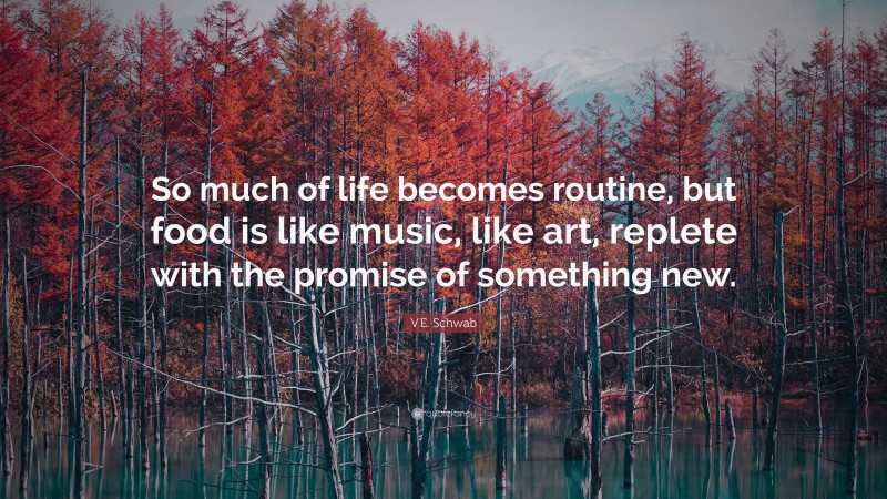 V.E. Schwab Quote: “So much of life becomes routine, but food is like music, like art, replete with the promise of something new.”