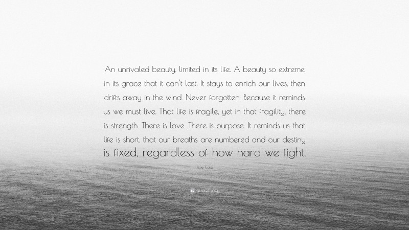Tillie Cole Quote: “An unrivaled beauty, limited in its life. A beauty so extreme in its grace that it can’t last. It stays to enrich our lives, then drifts away in the wind. Never forgotten. Because it reminds us we must live. That life is fragile, yet in that fragility, there is strength. There is love. There is purpose. It reminds us that life is short, that our breaths are numbered and our destiny is fixed, regardless of how hard we fight.”