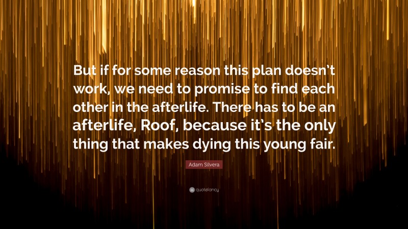 Adam Silvera Quote: “But if for some reason this plan doesn’t work, we need to promise to find each other in the afterlife. There has to be an afterlife, Roof, because it’s the only thing that makes dying this young fair.”