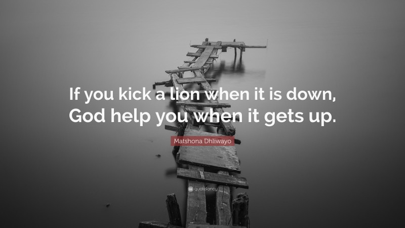 Matshona Dhliwayo Quote: “If you kick a lion when it is down, God help you when it gets up.”