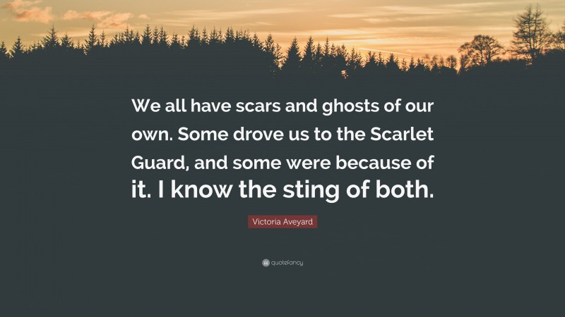 Victoria Aveyard Quote: “We all have scars and ghosts of our own. Some drove us to the Scarlet Guard, and some were because of it. I know the sting of both.”