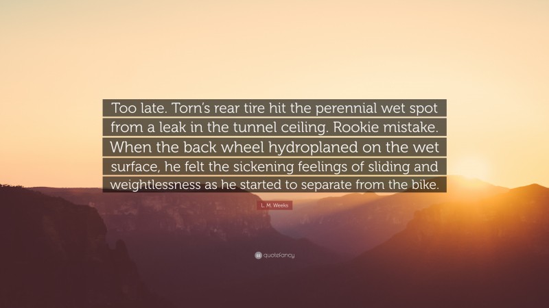 L. M. Weeks Quote: “Too late. Torn’s rear tire hit the perennial wet spot from a leak in the tunnel ceiling. Rookie mistake. When the back wheel hydroplaned on the wet surface, he felt the sickening feelings of sliding and weightlessness as he started to separate from the bike.”