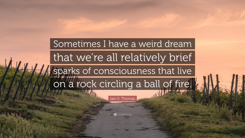 Iain S. Thomas Quote: “Sometimes I have a weird dream that we’re all relatively brief sparks of consciousness that live on a rock circling a ball of fire.”