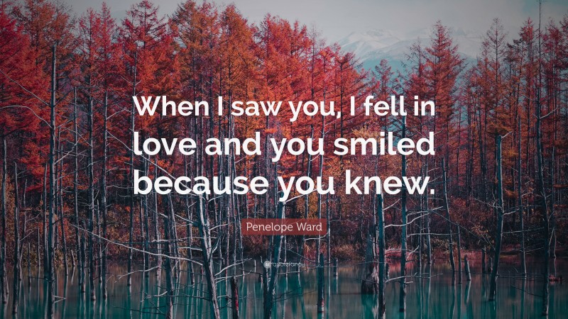 Penelope Ward Quote: “When I saw you, I fell in love and you smiled because you knew.”