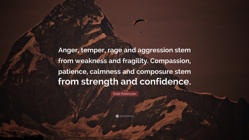 Todd Perelmuter Quote: “Anger, temper, rage and aggression stem from weakness and fragility. Compassion, patience, calmness and composure stem from strength and confidence.”