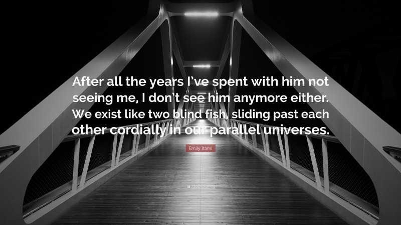 Emily Itami Quote: “After all the years I’ve spent with him not seeing me, I don’t see him anymore either. We exist like two blind fish, sliding past each other cordially in our parallel universes.”