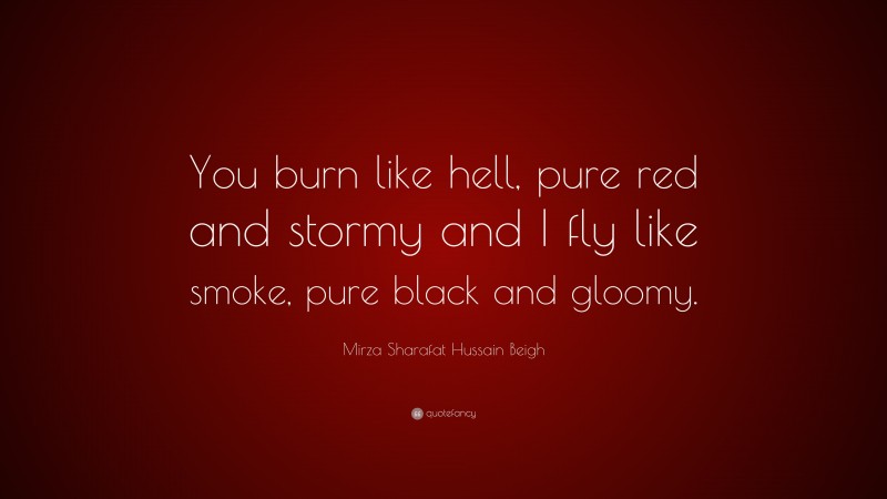 Mirza Sharafat Hussain Beigh Quote: “You burn like hell, pure red and stormy and I fly like smoke, pure black and gloomy.”