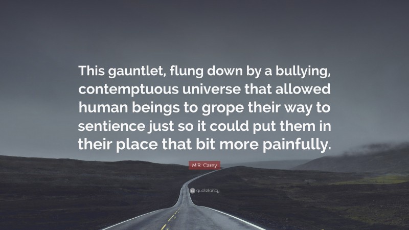 M.R. Carey Quote: “This gauntlet, flung down by a bullying, contemptuous universe that allowed human beings to grope their way to sentience just so it could put them in their place that bit more painfully.”