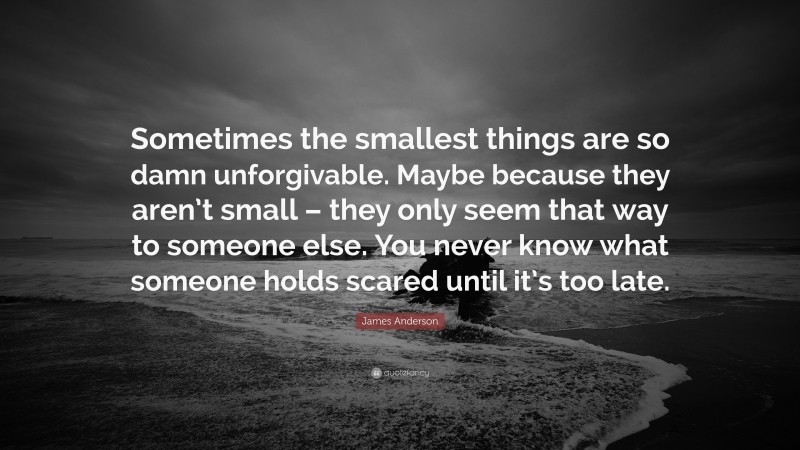 James Anderson Quote: “Sometimes the smallest things are so damn unforgivable. Maybe because they aren’t small – they only seem that way to someone else. You never know what someone holds scared until it’s too late.”
